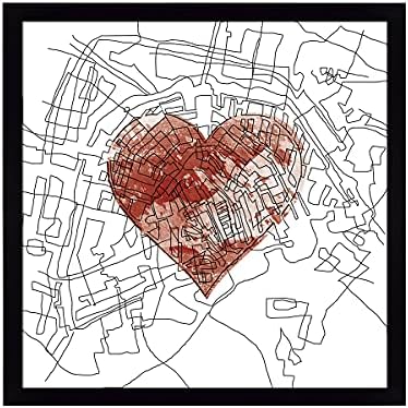 Ritwikas אמנות קיר מופשטת של מפת העיר עם לב | ציור עם מסגרת לעיצוב בית ומשרדים | ציור דיגיטלי רב צבעוני | 13.5 אינץ 'x 13.5 אינץ'